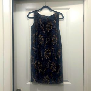 Ann Taylor Loft velvet shift dress - navy blue and gold paisley pattern - XS